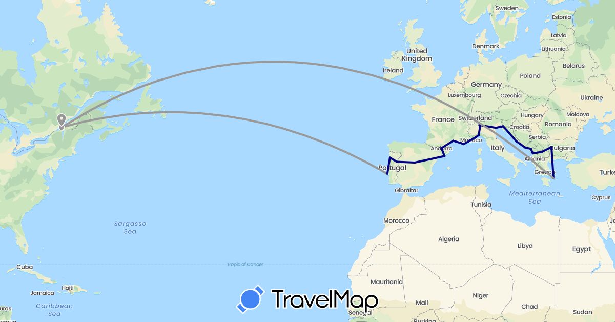 TravelMap itinerary: driving, plane in Andorra, Albania, Bulgaria, Canada, Spain, France, Greece, Croatia, Italy, Monaco, Montenegro, Macedonia, Portugal (Europe, North America)